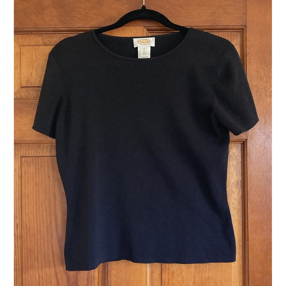 Talbots Womens M Black Silk Blend Short Sleeve Knit Crew Neck Top Minimalist Lux